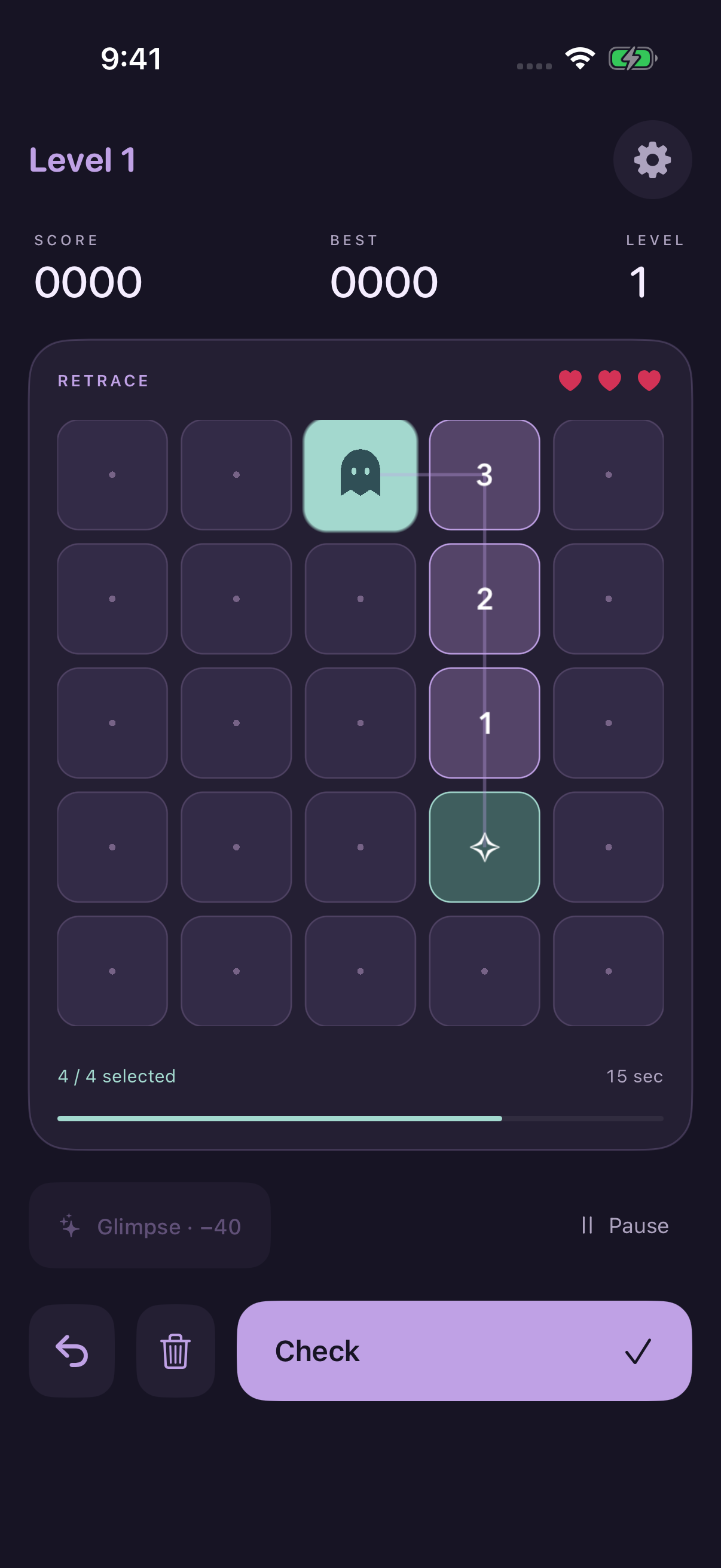 The native Ghostpath iPhone game with a complete selected route and Check button, plus Undo, Clear, and Glimpse controls.
