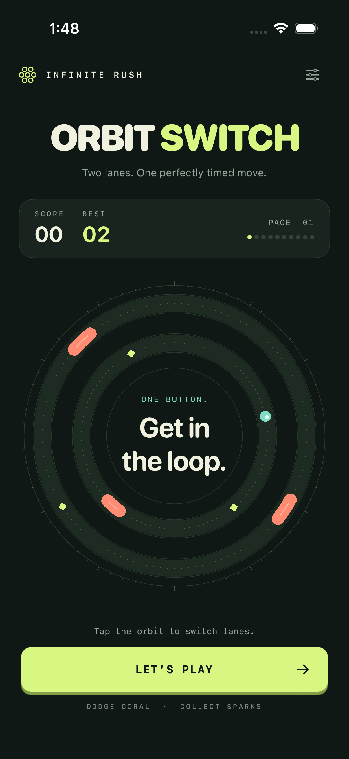 Orbit Switch's game screen with two circular lanes, a mint player, coral blockers, diamond sparks, and the main action button.