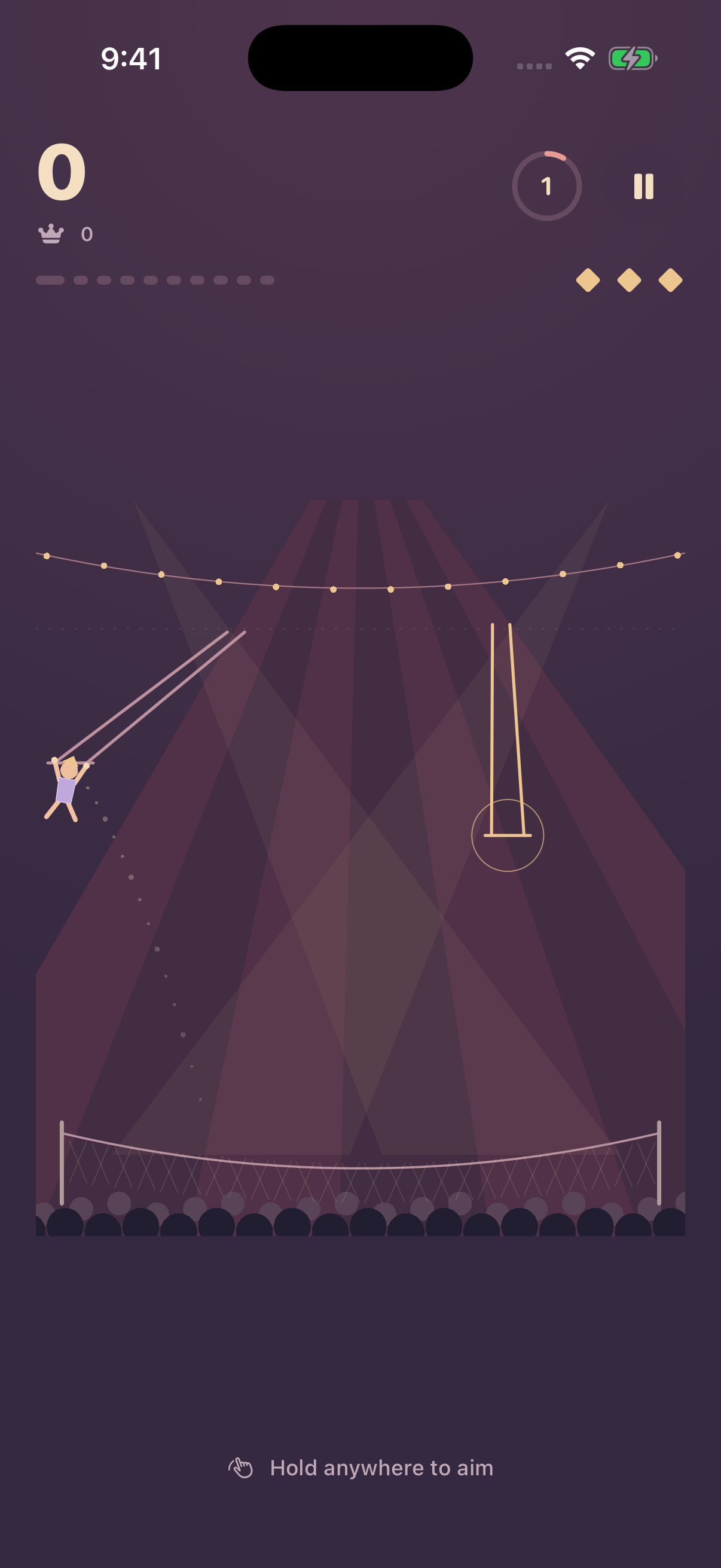 Swing Theory on iPhone: a little acrobat, a dotted flight arc, and a glowing trapeze in a plum-colored circus.
